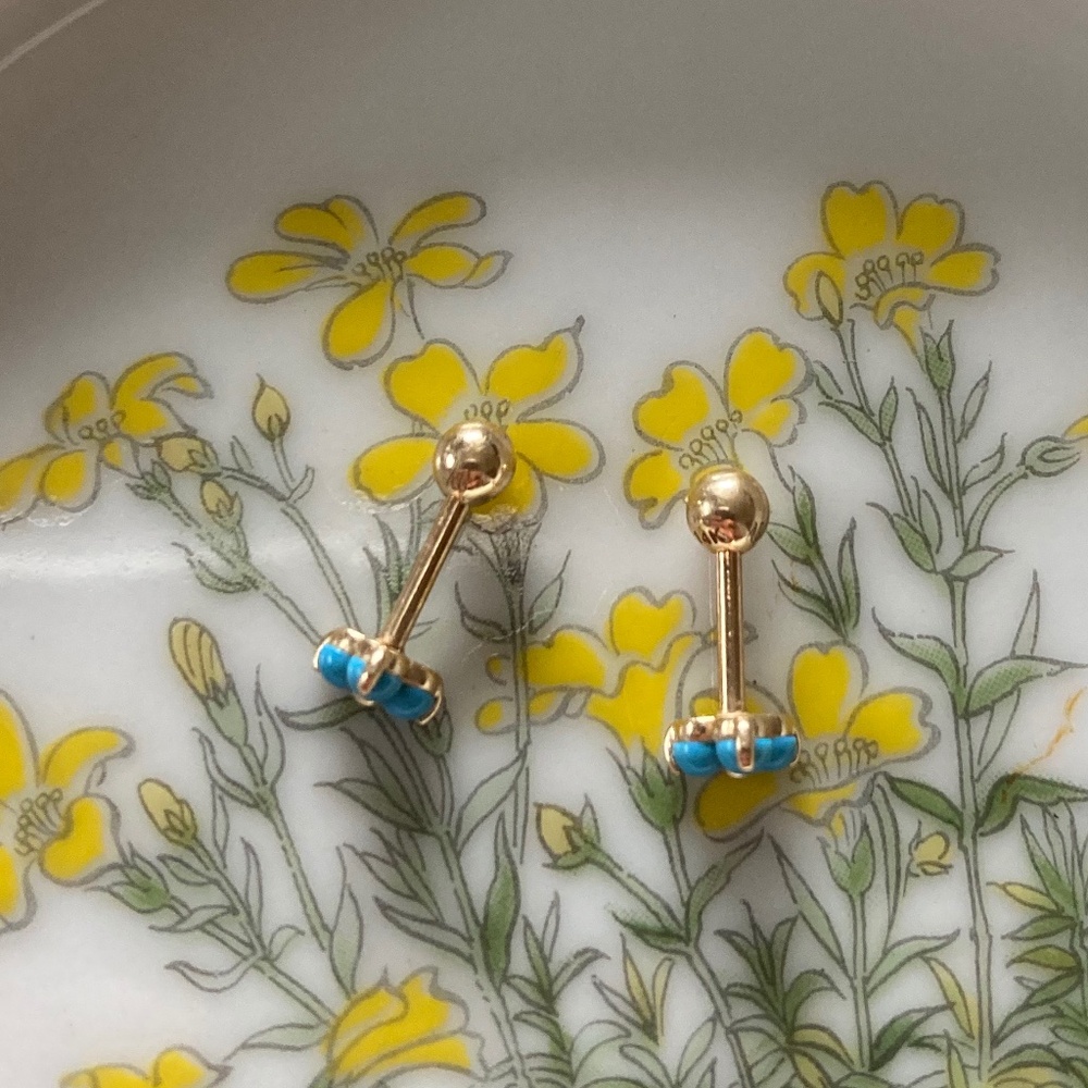 pair 14k turquoise trinity lotus triple bead threaded piercing stud earrings - Picture 4 of 5